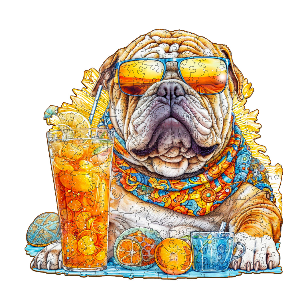 Summer Bulldog-1 wooden jigsaw puzzle featuring a stylish pug with sunglasses, enjoying a refreshing drink.