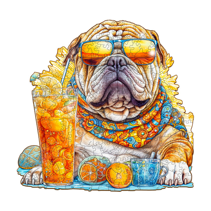 Summer Bulldog-1 wooden jigsaw puzzle featuring a stylish pug with sunglasses, enjoying a refreshing drink.