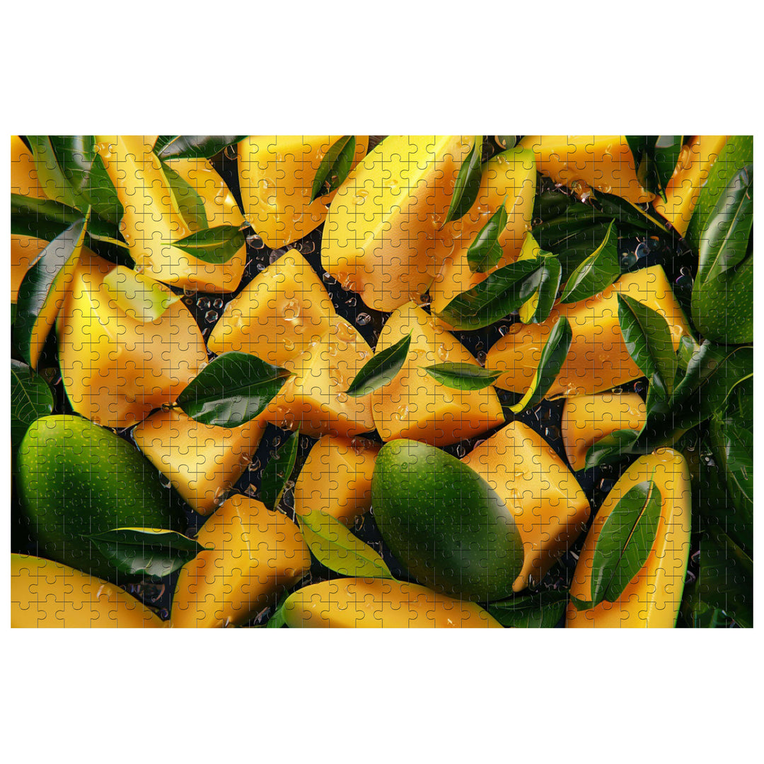 Vibrant fresh mango pieces puzzle with green leaves, perfect for jigsaw enthusiasts and mind games.