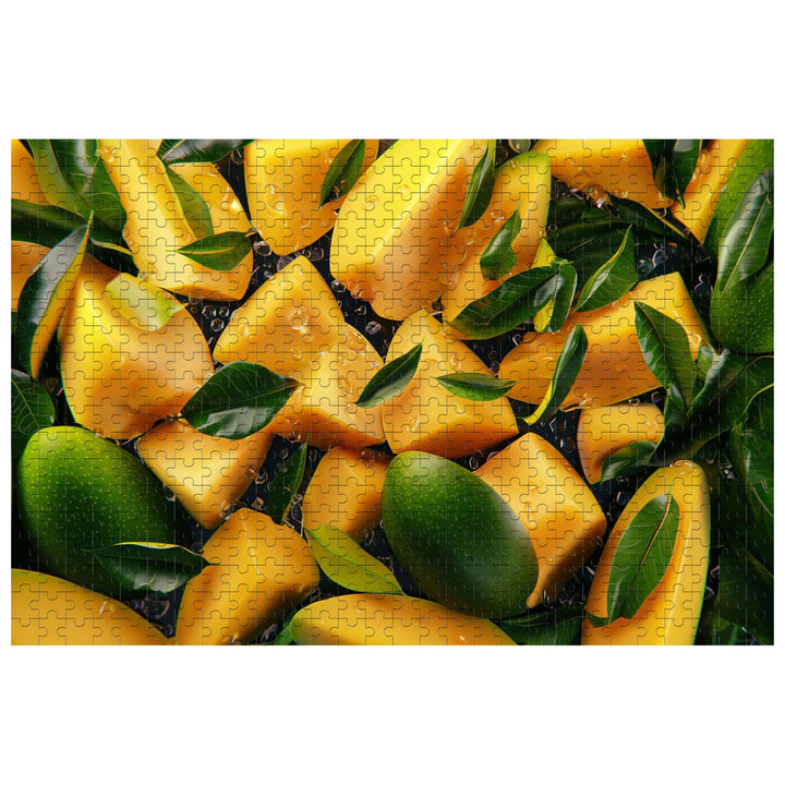 Vibrant fresh mango pieces puzzle with green leaves, perfect for jigsaw enthusiasts and mind games.