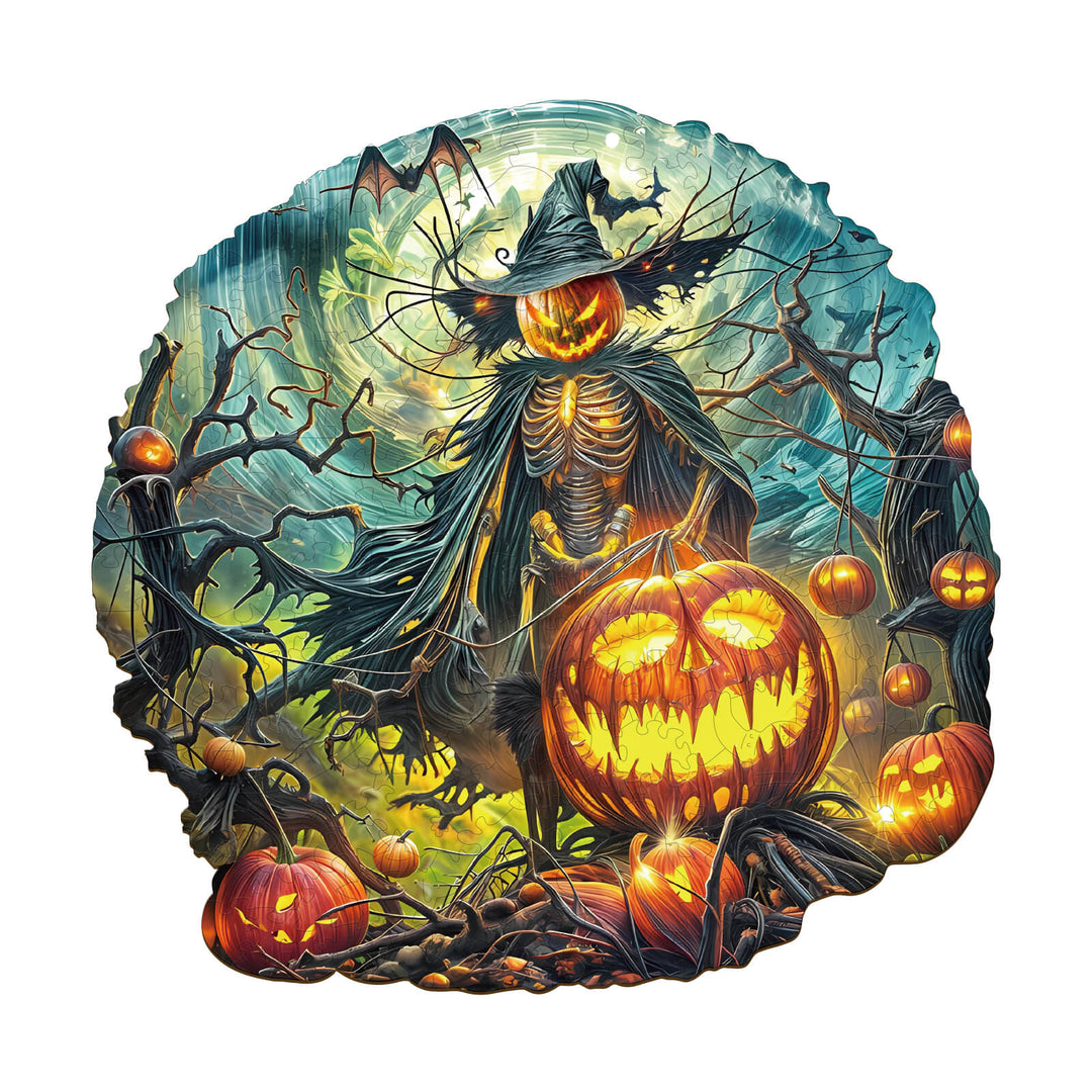 Halloween wooden jigsaw puzzle featuring a spooky scarecrow with glowing pumpkins and eerie trees, perfect for mind games.
