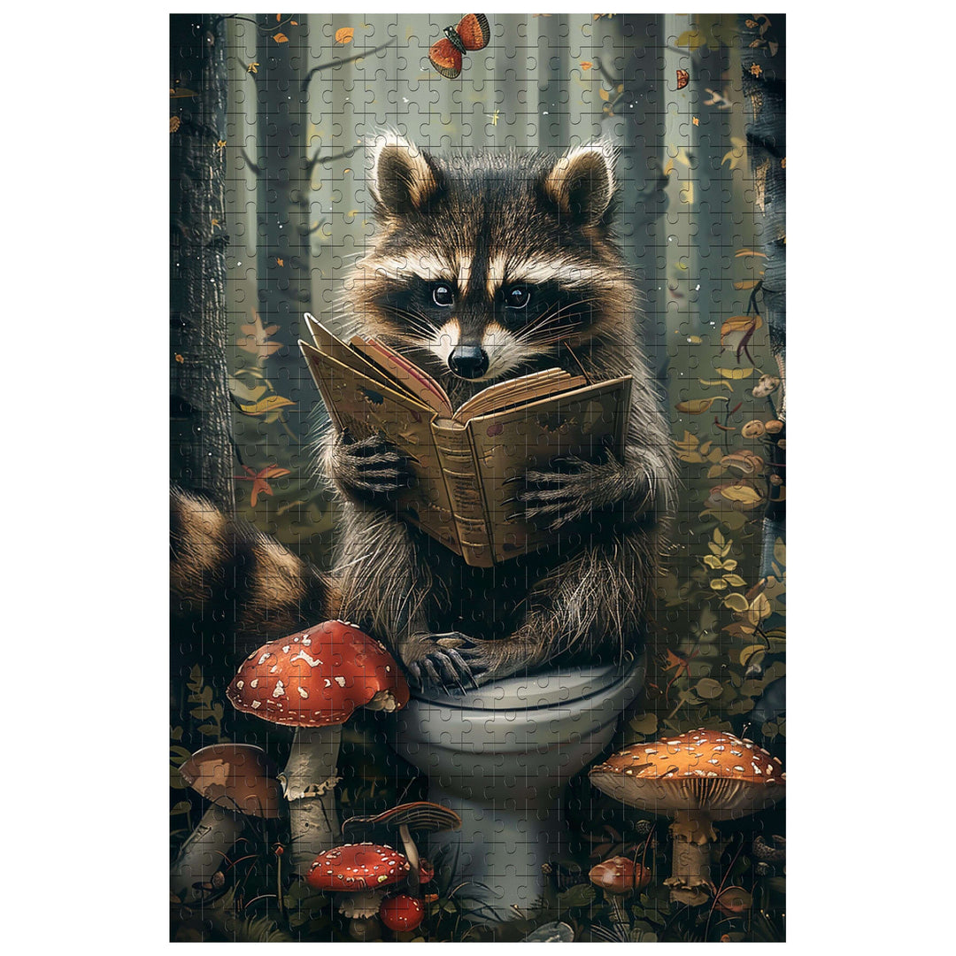 Studious Raccoon reading a book among mushrooms in a forest, perfect for puzzle lovers and mind game enthusiasts.