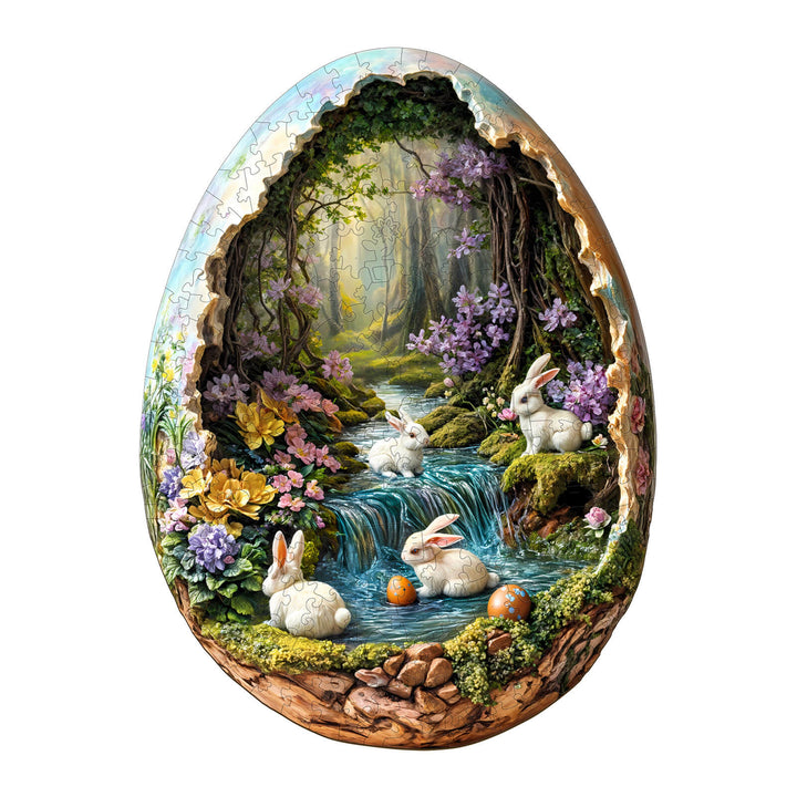 Wonderland Easter-3 wooden jigsaw puzzle featuring bunnies by a stream in a colorful egg design for focused mind games.