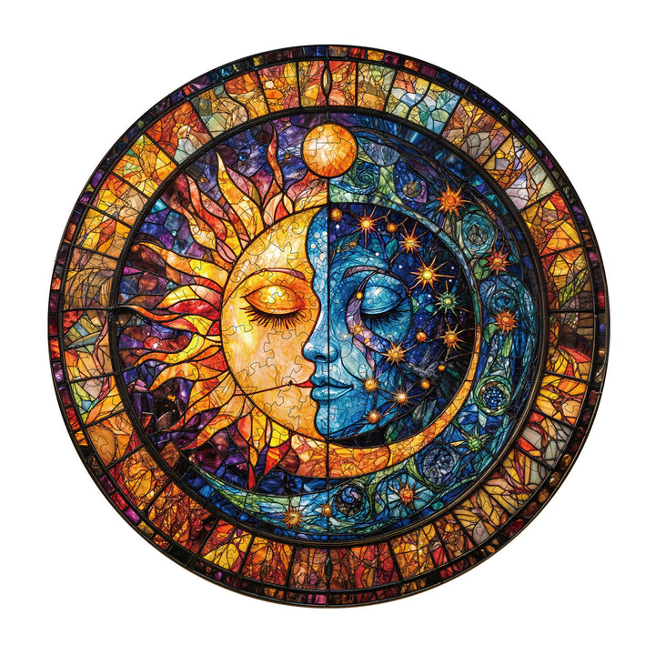 Sun and Moon Harmony wooden jigsaw puzzle featuring vibrant stained glass design for mind games and focus.