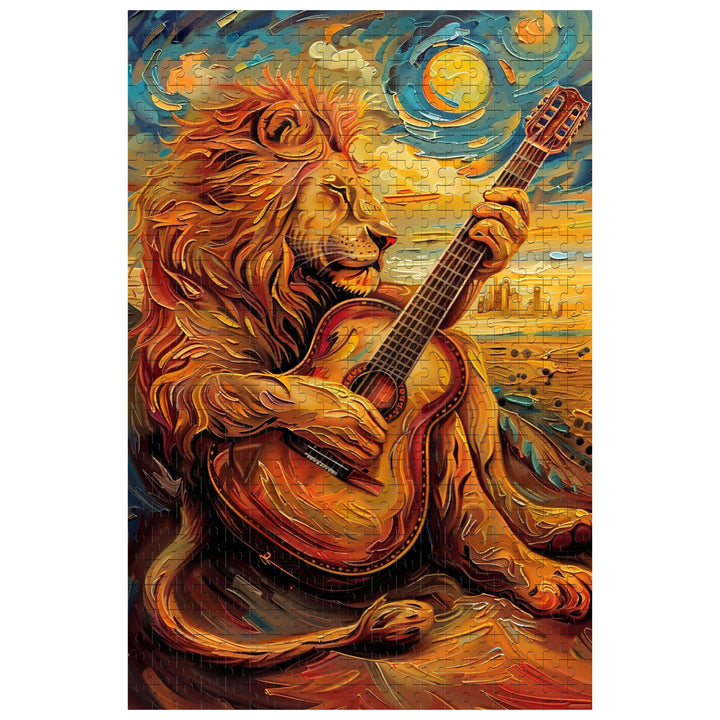 Colorful lion playing guitar puzzle artwork, perfect for jigsaw puzzle enthusiasts and mind game lovers.