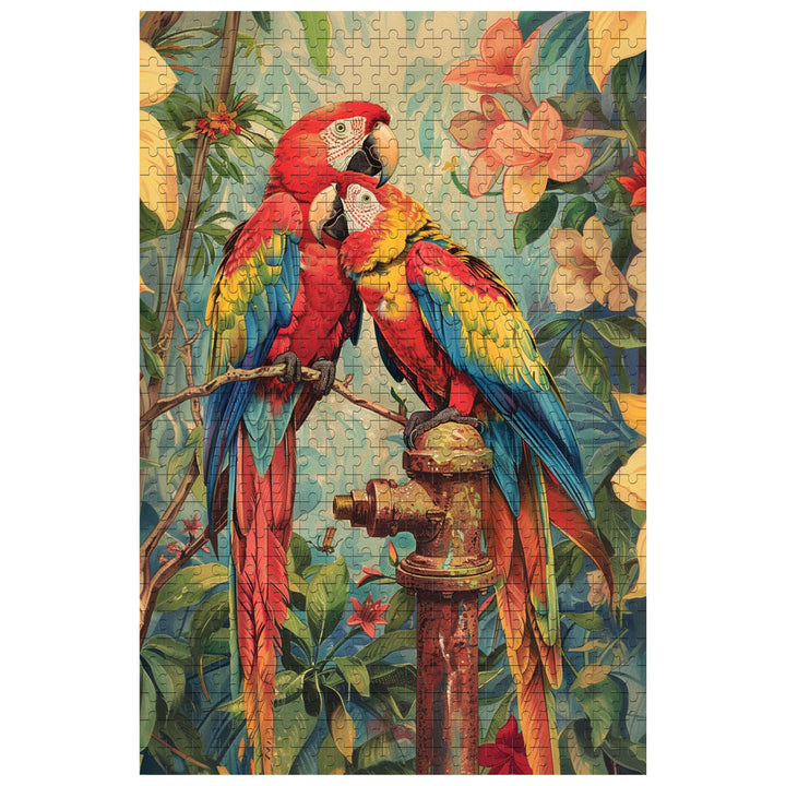Colorful Snuggling Parrot 500/1000 piece puzzle featuring two vibrant parrots amidst lush foliage.