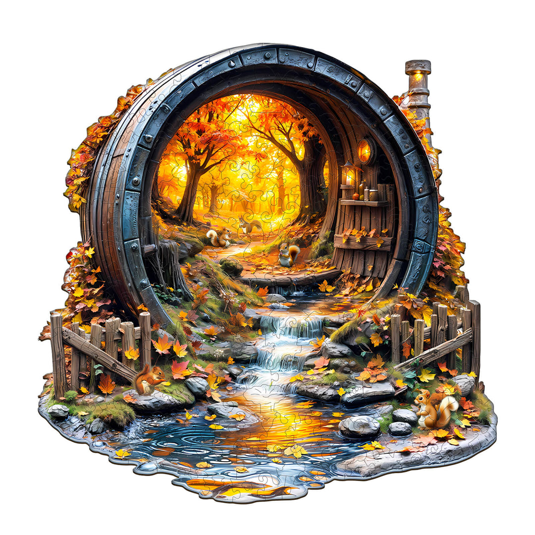 Barrel of Autumn Wooden Jigsaw Puzzle featuring a vibrant autumn scene with trees, river, and leaves.