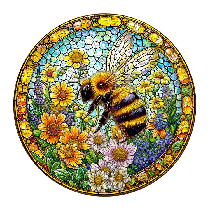 Bee spring wooden jigsaw puzzle featuring a vibrant stained glass design of a bee surrounded by colorful flowers.