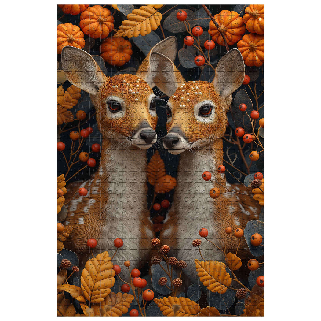 Twin fawns surrounded by autumn leaves and pumpkins, 500/1000 piece jigsaw puzzle for mind games.