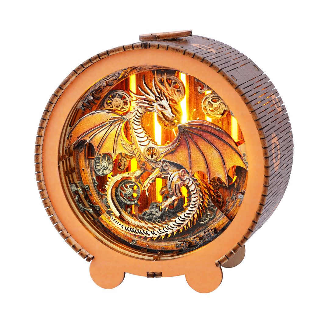Mechanical Dragon Kit 3D wooden puzzle night light with intricate details and warm illumination.