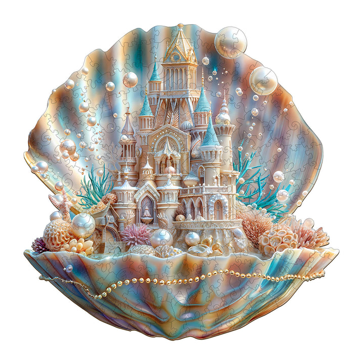 Pearlspire Citadel-1 puzzle in a shell, showcasing a stunning castle and pearls, perfect for jigsaw puzzle enthusiasts.