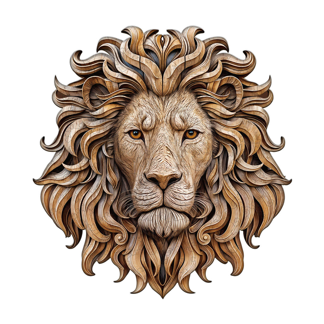 Puzzle en bois découpé représentant un lion sculpté