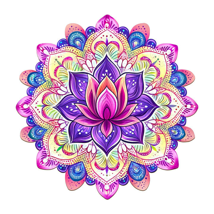 Vibrant Mandala Lotus design, featuring intricate patterns in purple, pink, and blue, perfect for meditation and mindfulness.