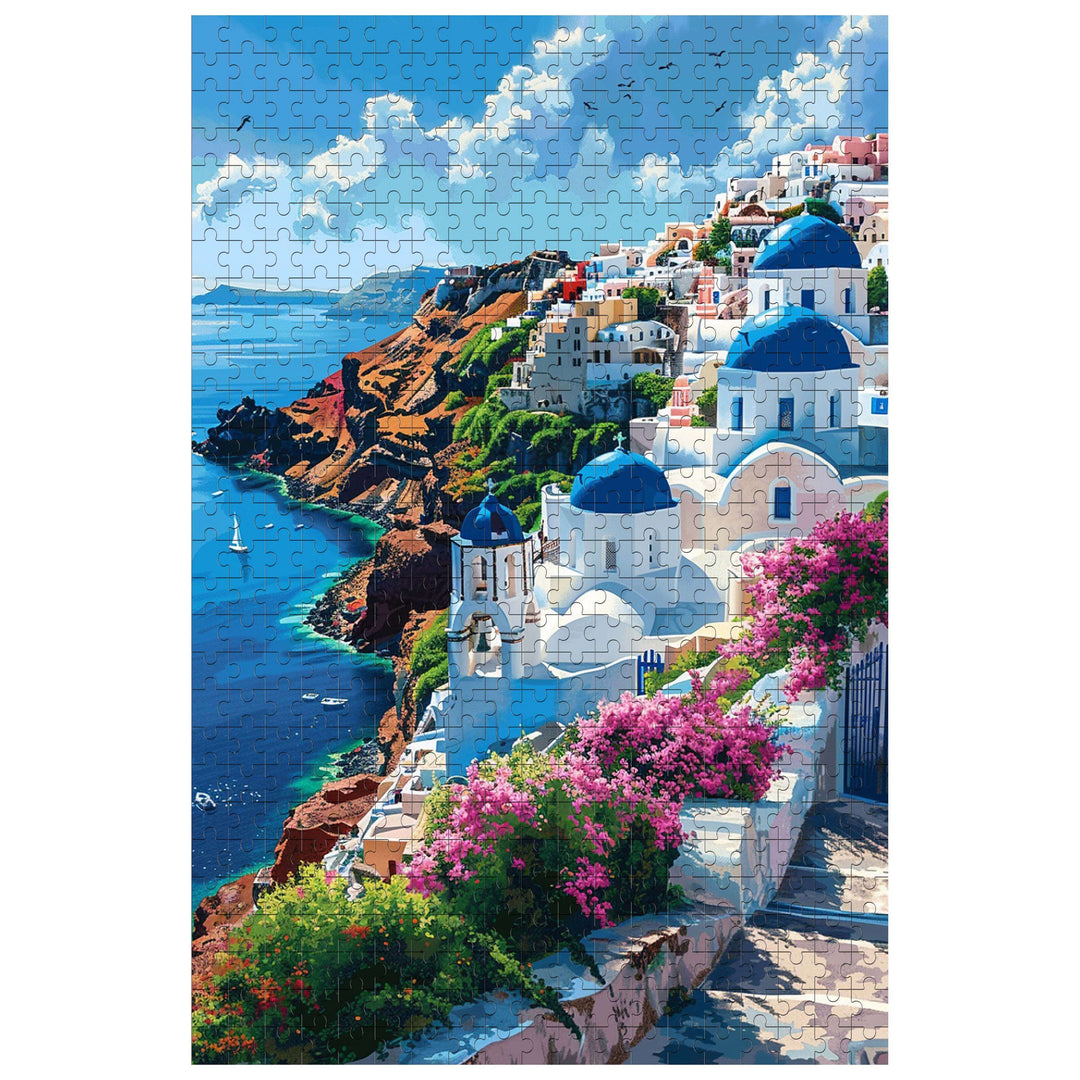 Santorini 500/1000 Piece Puzzle featuring picturesque seaside view with white buildings and blue domes.
