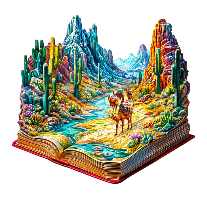Vibrant wilderness scene pop-up book with mountains, cacti, and camels in a colorful landscape.