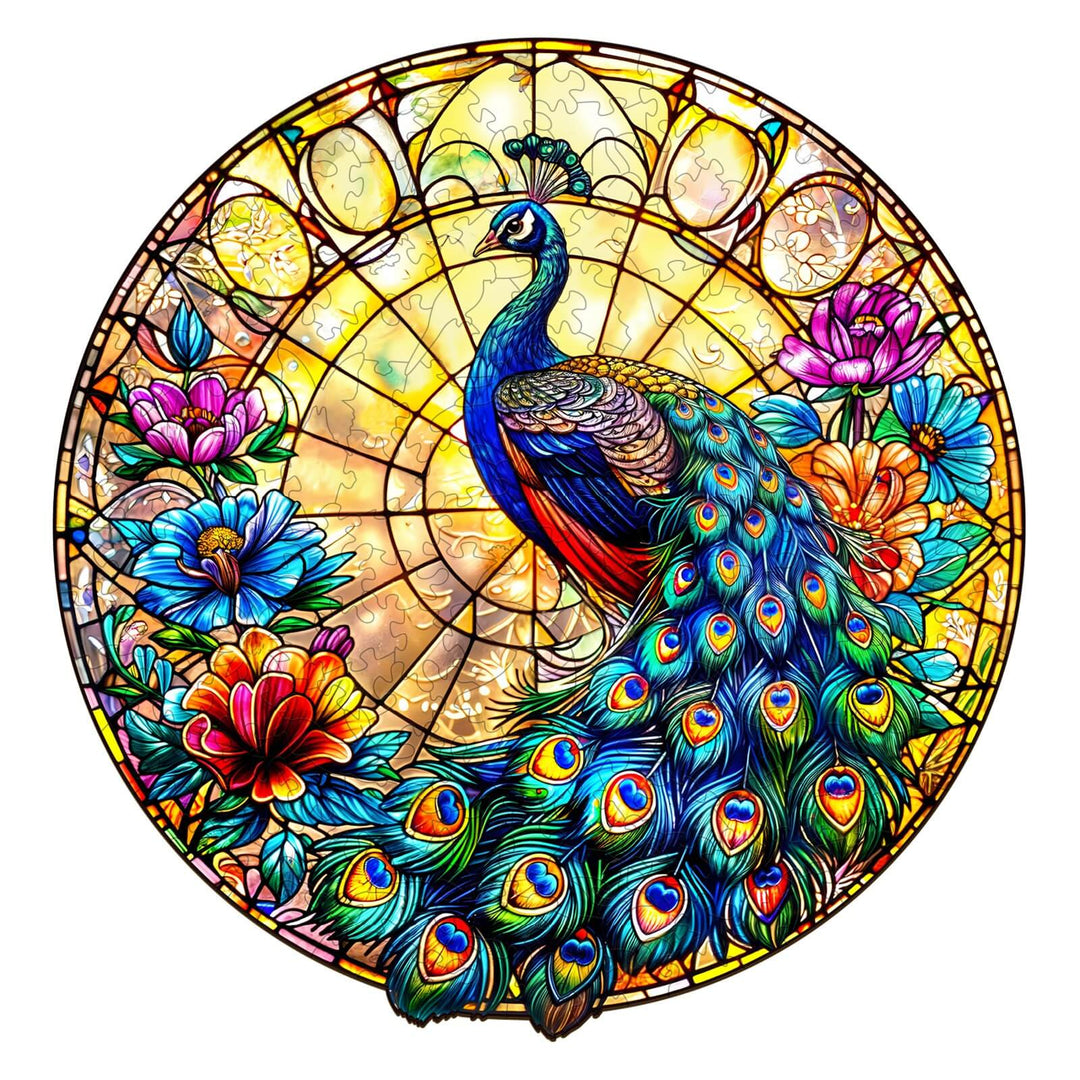 Peacock King Wooden Jigsaw Puzzle featuring a colorful stained glass peacock and floral design.