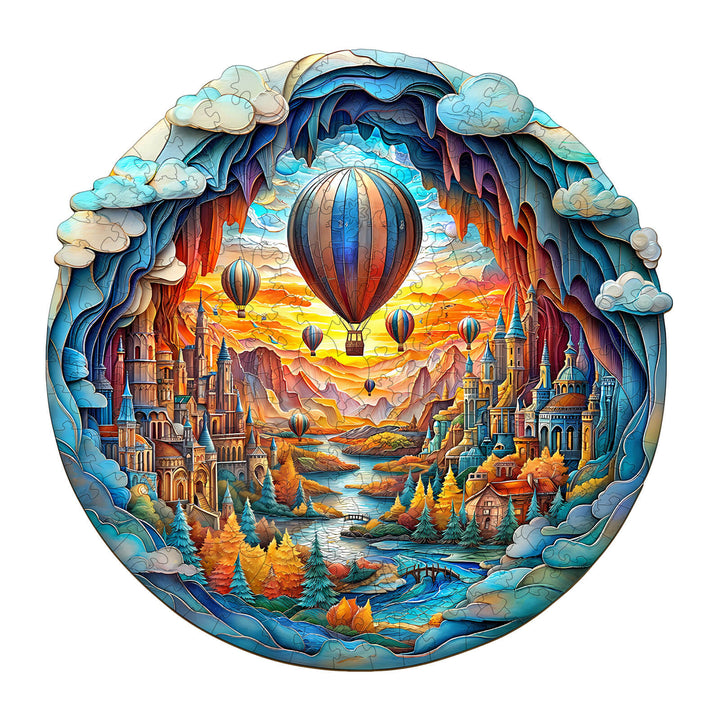 3D Balloon Town Wooden Jigsaw Puzzle featuring colorful hot air balloons over a picturesque landscape and castle scenery.