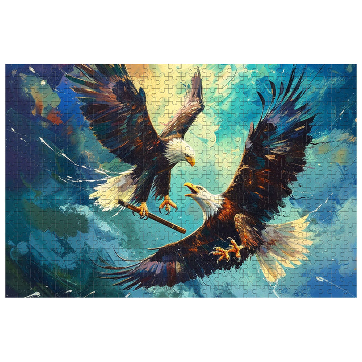 Freedom Eagle 500/1000 piece jigsaw puzzle featuring majestic eagles soaring through a vibrant, colorful sky.