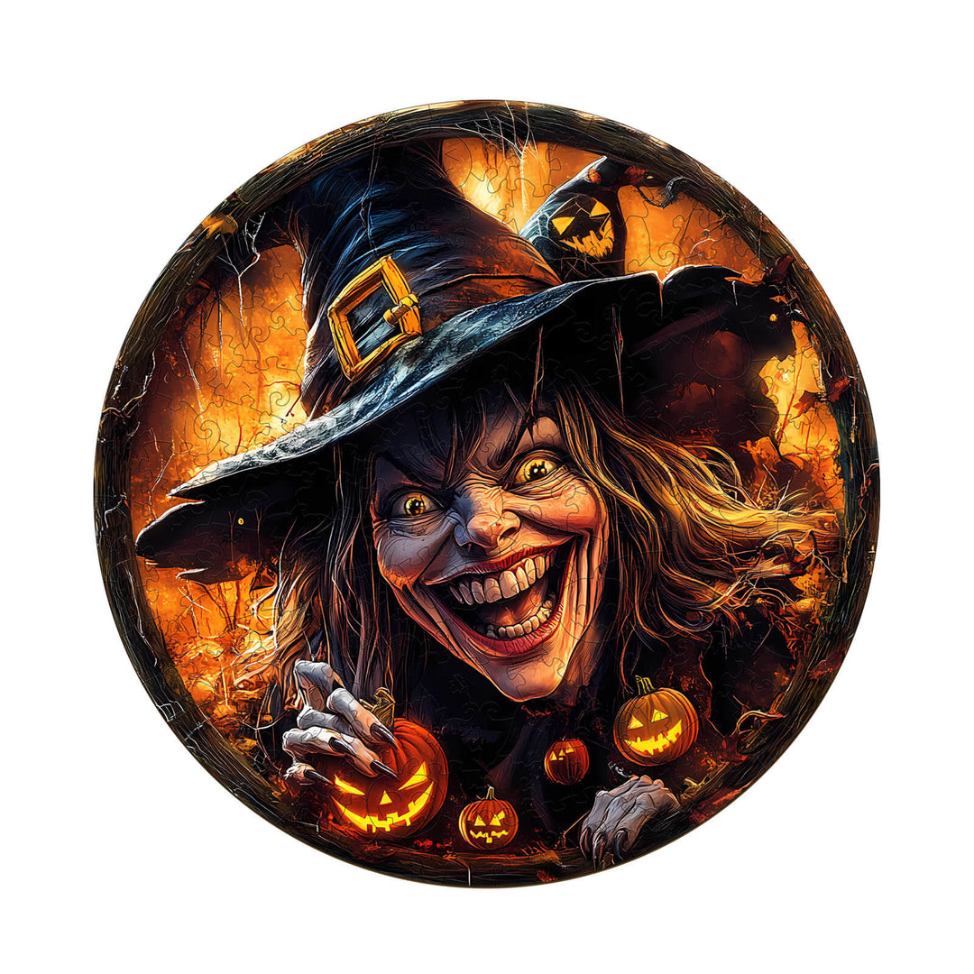 3D Halloween Witch wooden jigsaw puzzle featuring a spooky witch amidst glowing pumpkins and autumn leaves.