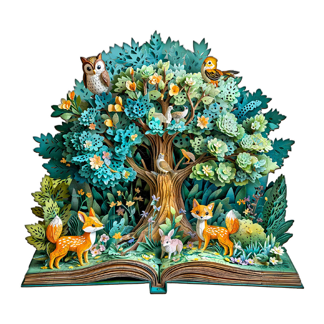 3D Forest Tales wooden jigsaw puzzle featuring vibrant forest animals, blooming trees, and intricate designs, ideal for puzzle enthusiasts.