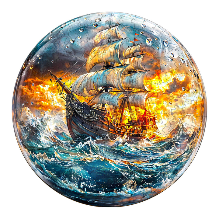 Stormy Voyage wooden jigsaw puzzle featuring a majestic ship sailing through turbulent seas and dramatic skies.