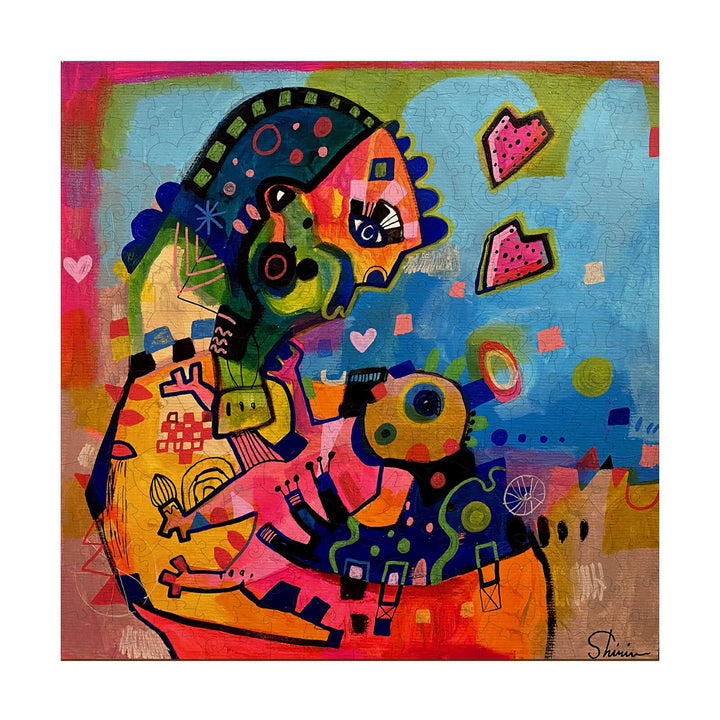 Colorful artwork of a mother and son by Shirin Moarefi, showcasing love with abstract shapes and vibrant colors.