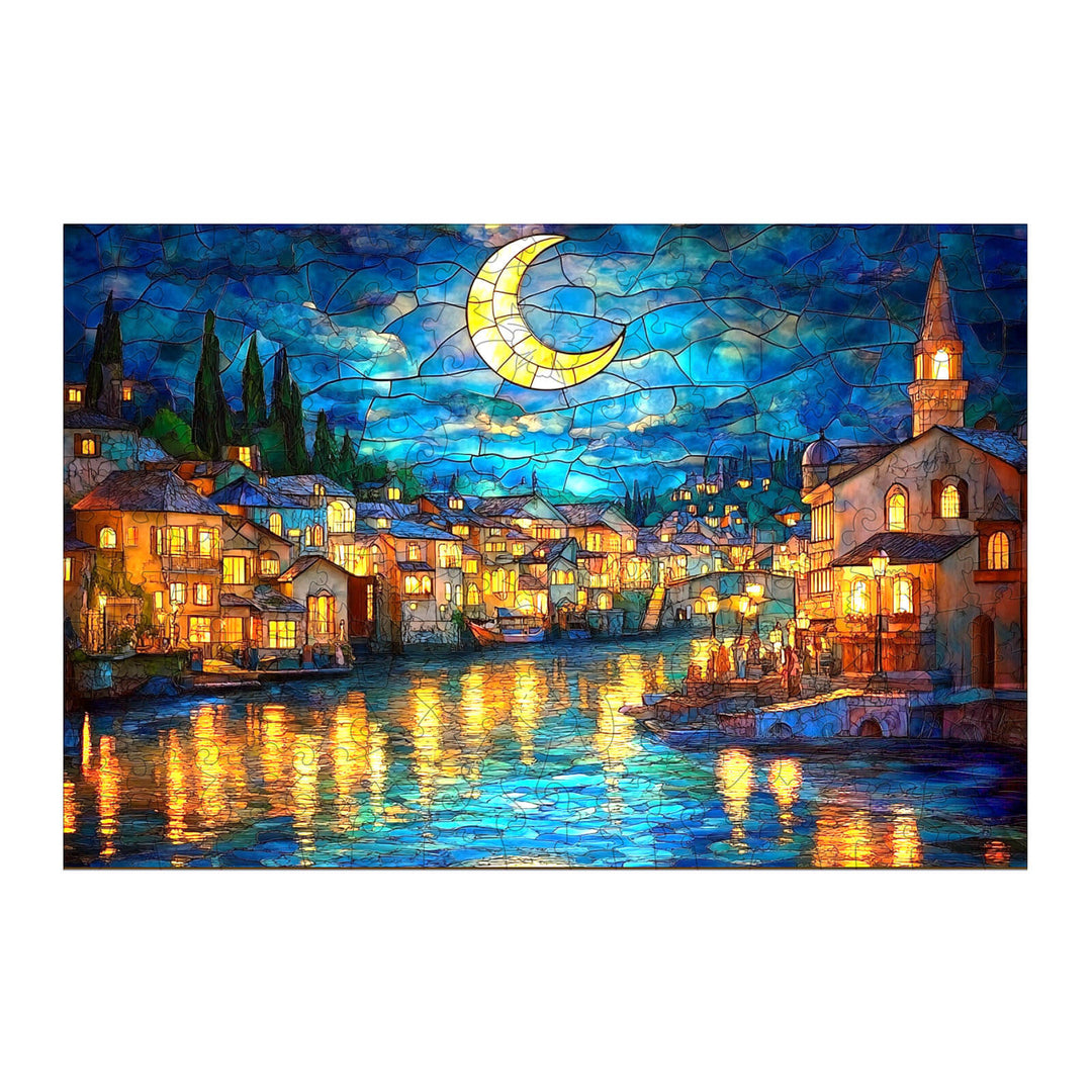 Stained Glass Starry Night-2 wooden jigsaw puzzle showcasing a vibrant nighttime scene with a crescent moon and glowing reflections.