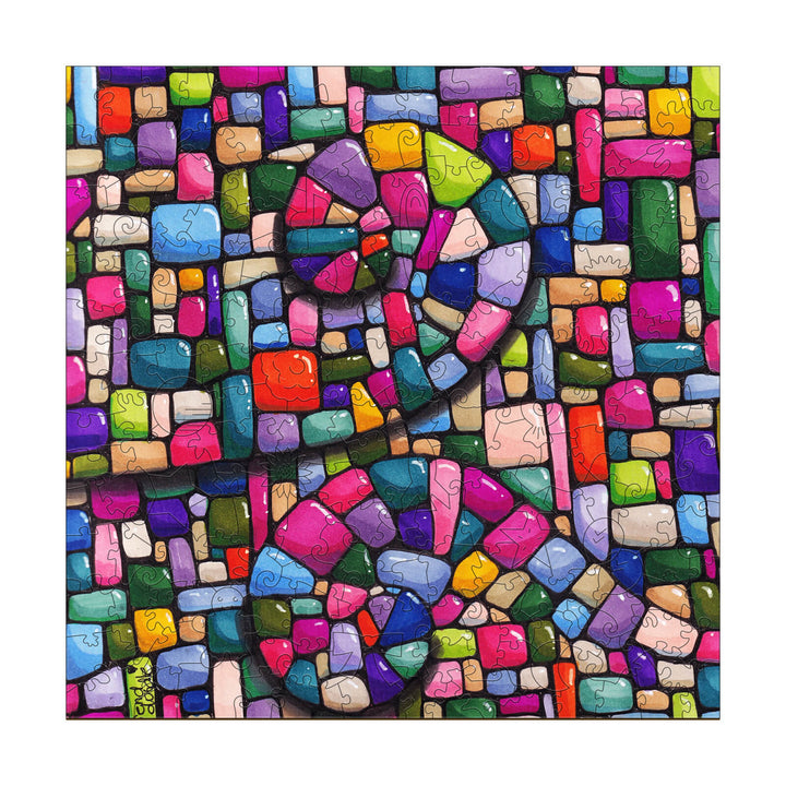 Swirl Wall art by Erin Desjardine featuring colorful puzzle-like patterns in vibrant hues.