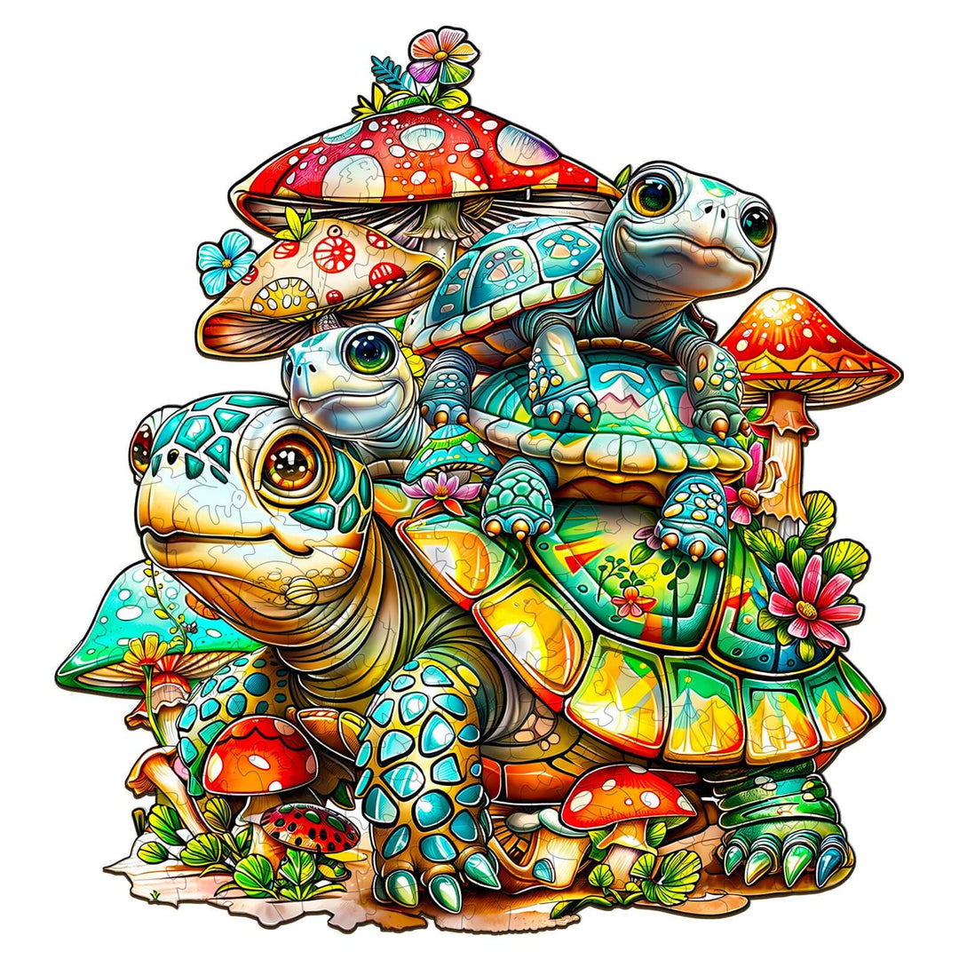 Colorful illustration of a turtle family with mushrooms and flowers, showcasing a playful ocean habitat theme.