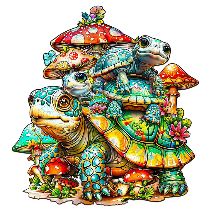 Colorful illustration of a turtle family with mushrooms and flowers, showcasing a playful ocean habitat theme.