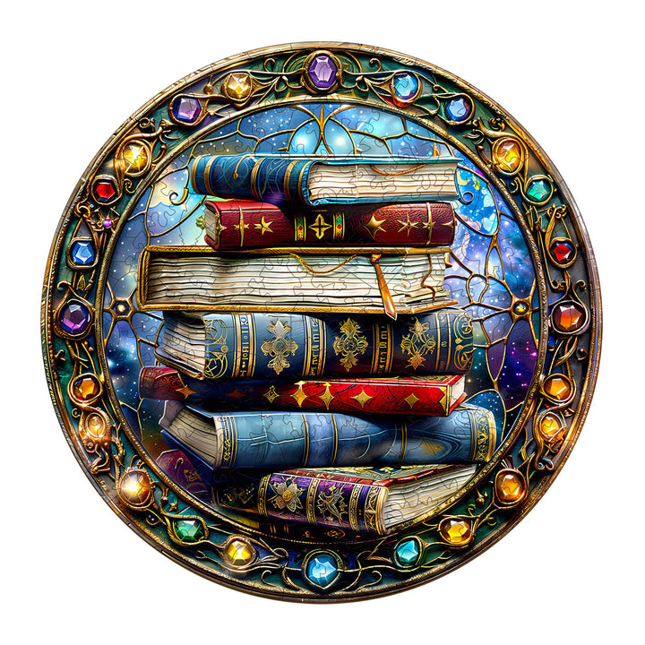 Colorful stack of magical books arranged in a circular design, surrounded by sparkling gems, reminiscent of a jigsaw puzzle theme.