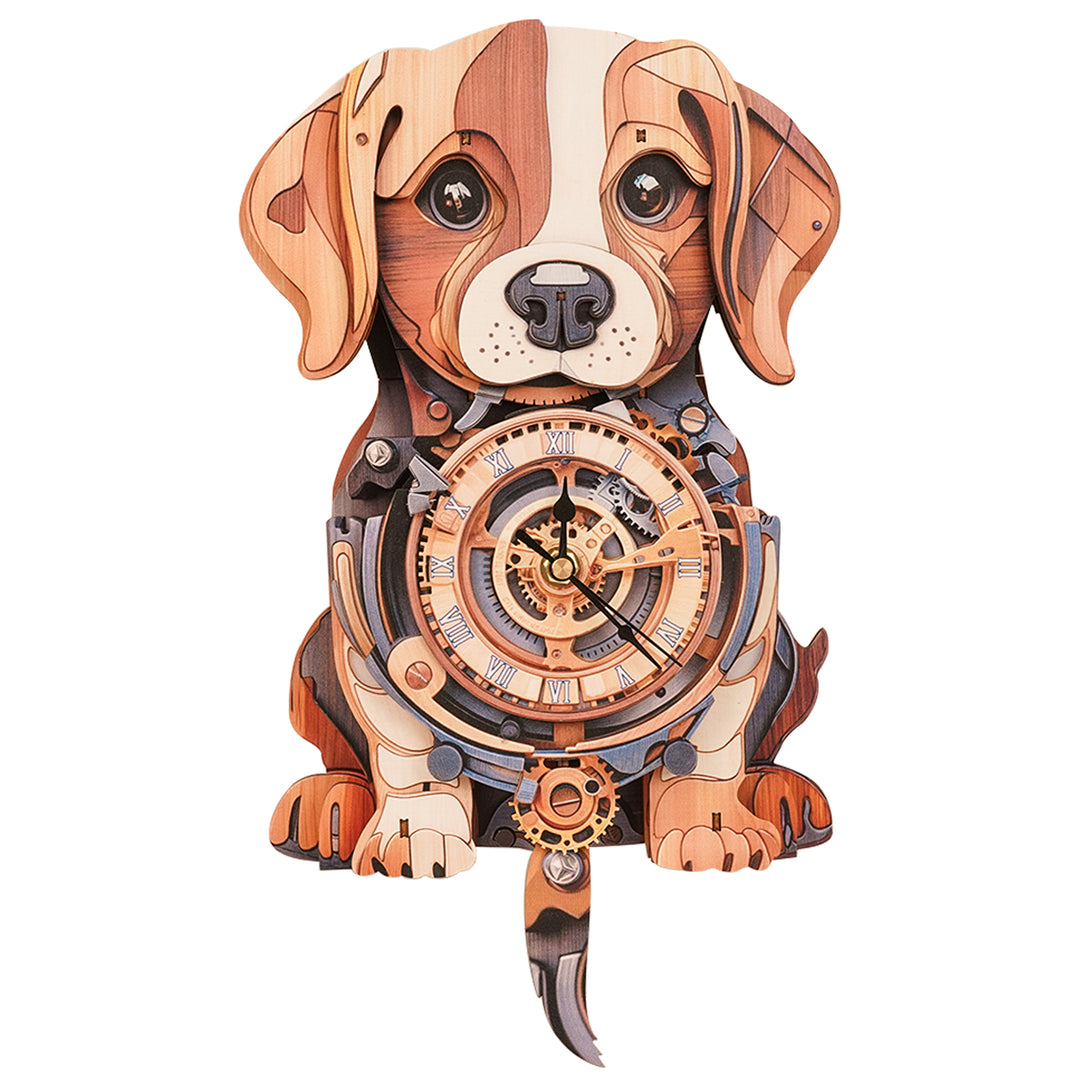Cute beagle wooden clock 3D puzzle craft kit featuring a charming design and functional timepiece.
