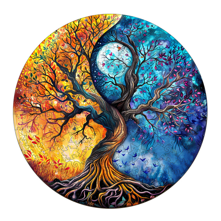 Yin Yang Tree of Life-9 Wooden Jigsaw Puzzle featuring vibrant colors and intricate design for mind games and focus.