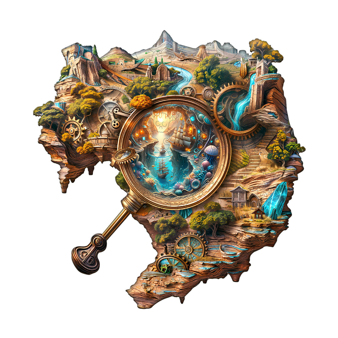 Colorful wooden jigsaw puzzle featuring an explorer's world theme with landscapes and intricate details.