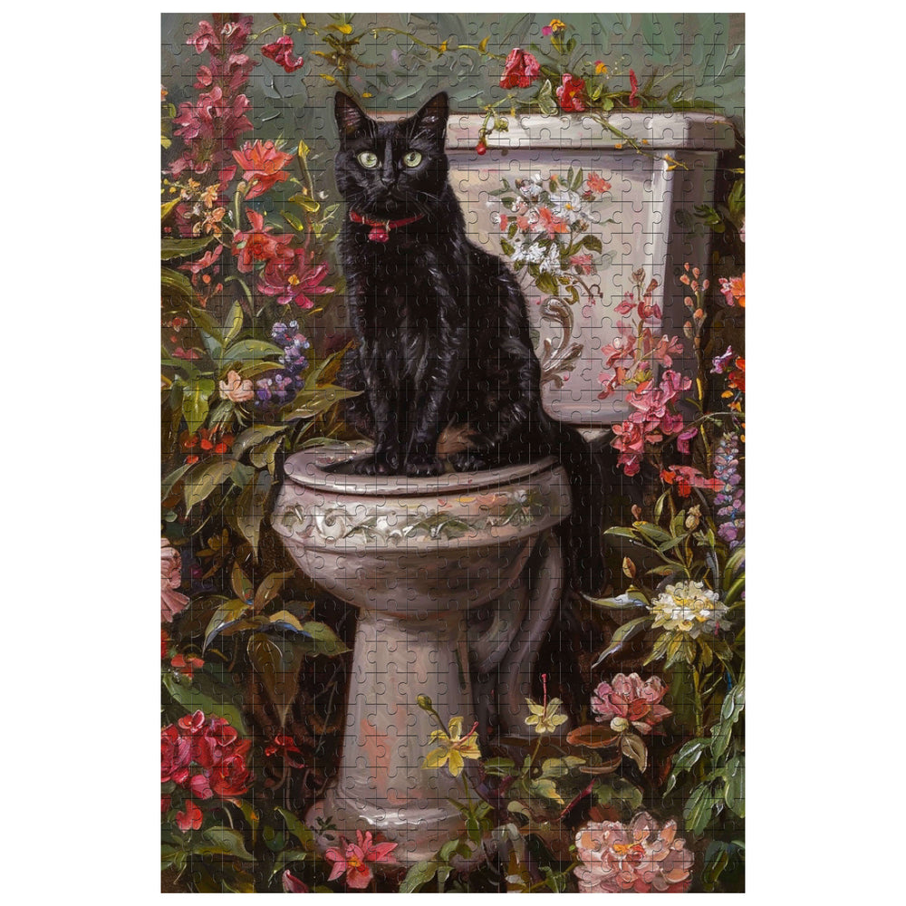 Elegant Black Cat puzzle showcasing a charming feline on a floral toilet, perfect for jigsaw puzzle enthusiasts.