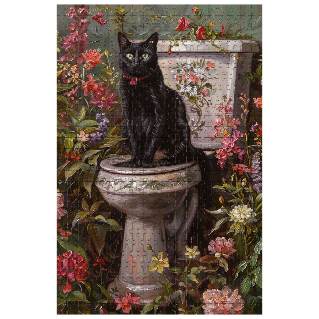 Elegant Black Cat puzzle showcasing a charming feline on a floral toilet, perfect for jigsaw puzzle enthusiasts.