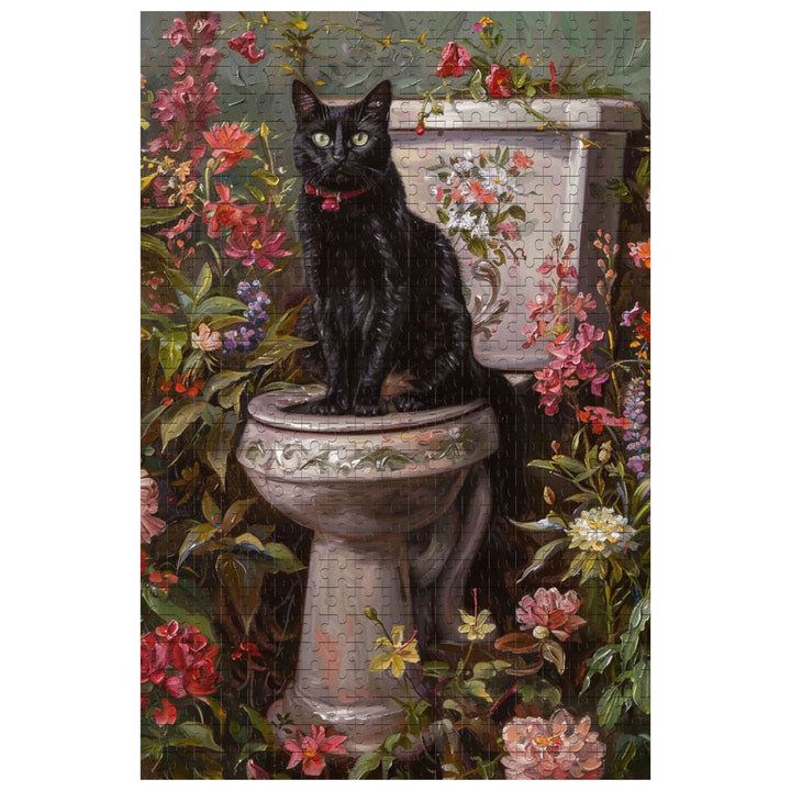 Elegant Black Cat puzzle showcasing a charming feline on a floral toilet, perfect for jigsaw puzzle enthusiasts.