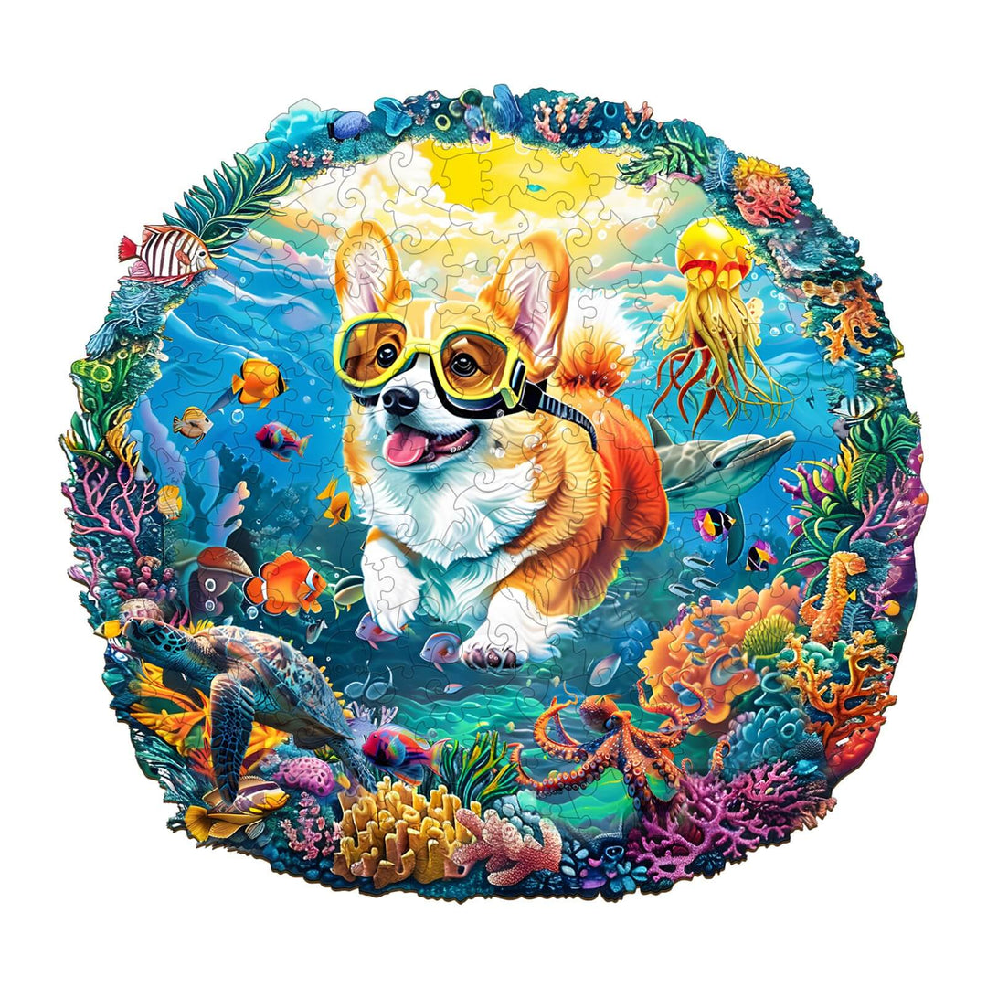 Vibrant wooden jigsaw puzzle featuring a diving corgi surrounded by colorful underwater sea life.