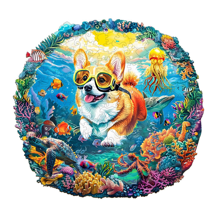 Vibrant wooden jigsaw puzzle featuring a diving corgi surrounded by colorful underwater sea life.