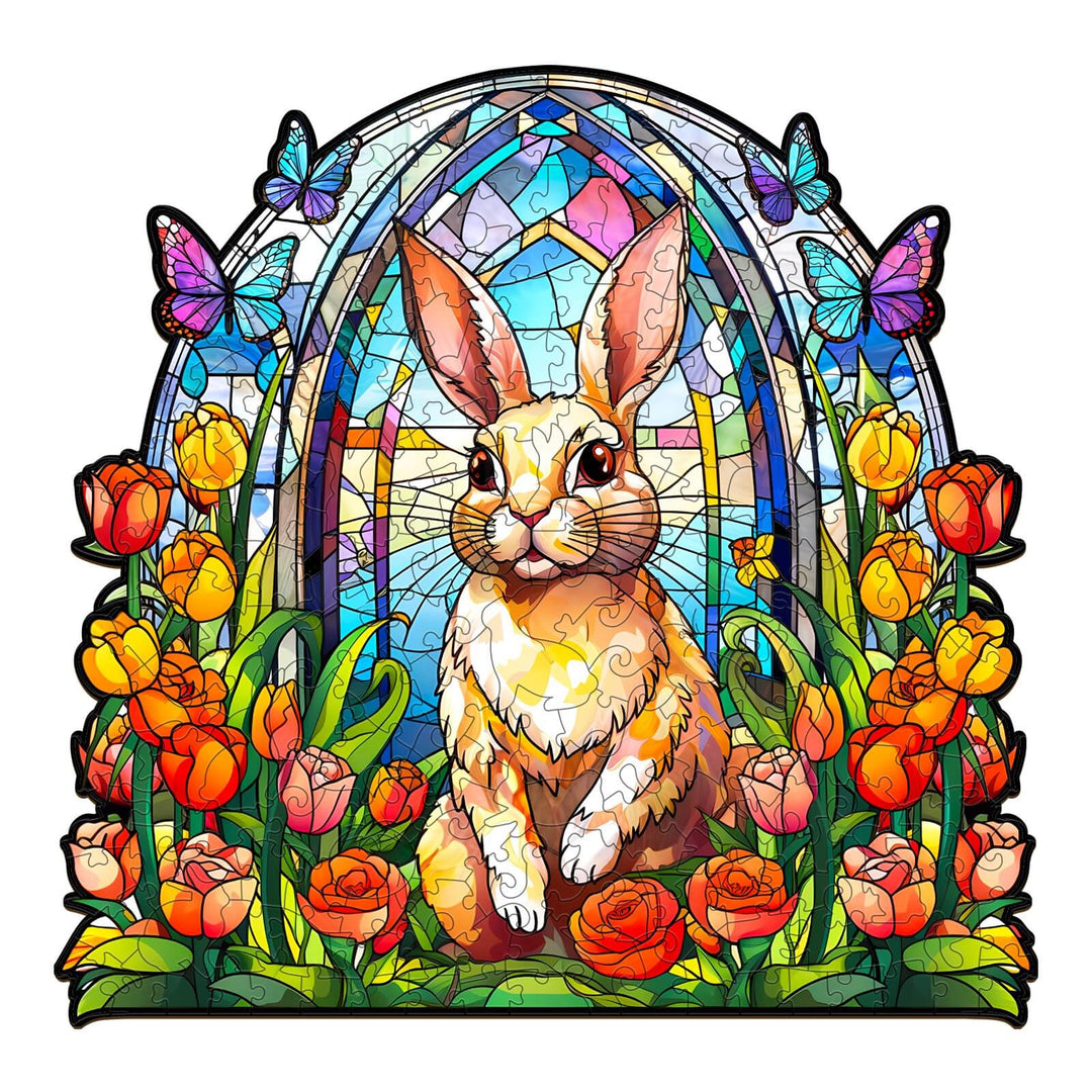 Stained Glass Rabbit wooden jigsaw puzzle featuring colorful tulips and butterflies, ideal for focused puzzle-solving.