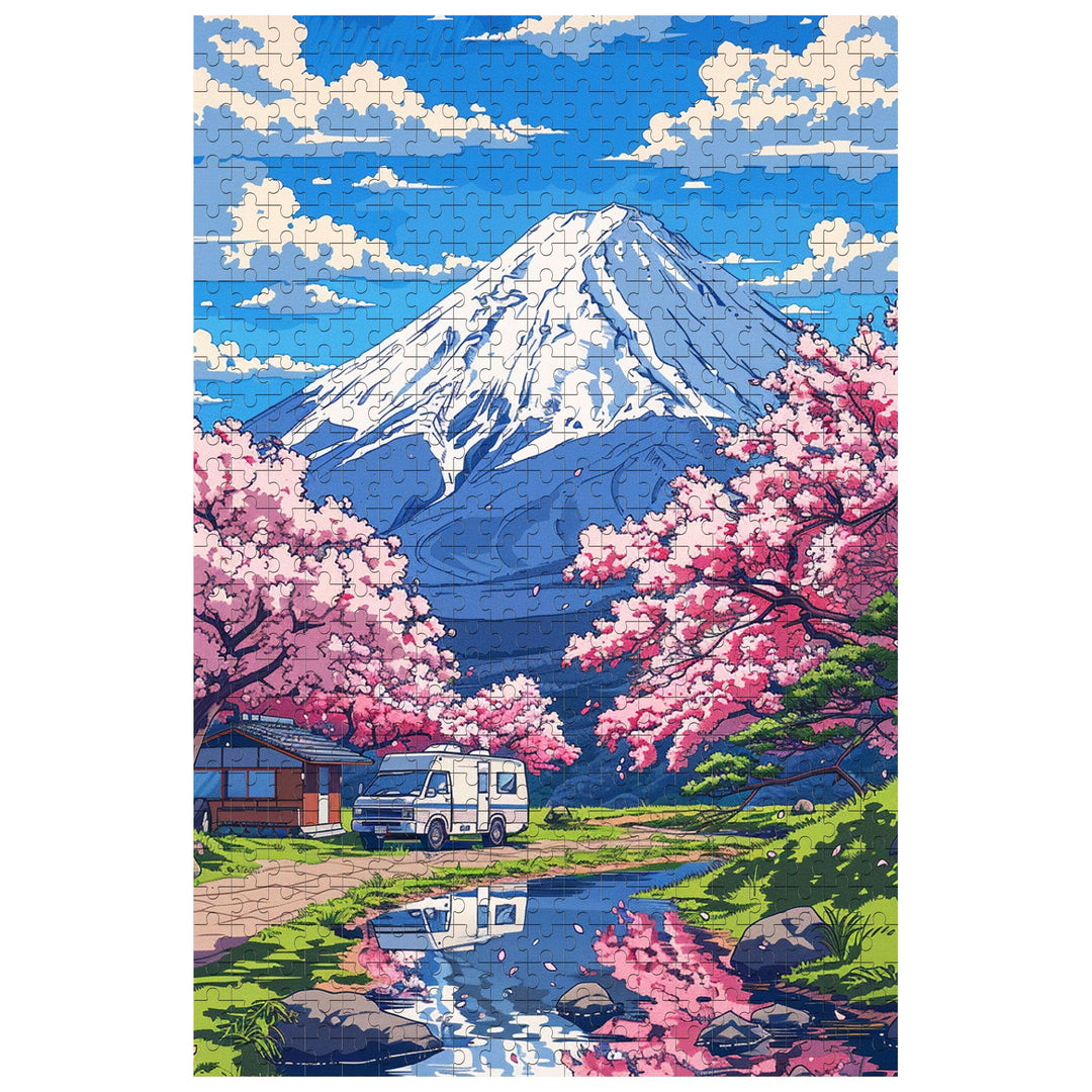 Mount Fuji 500/1000 piece puzzle featuring cherry blossoms and a scenic view of the mountain and river.