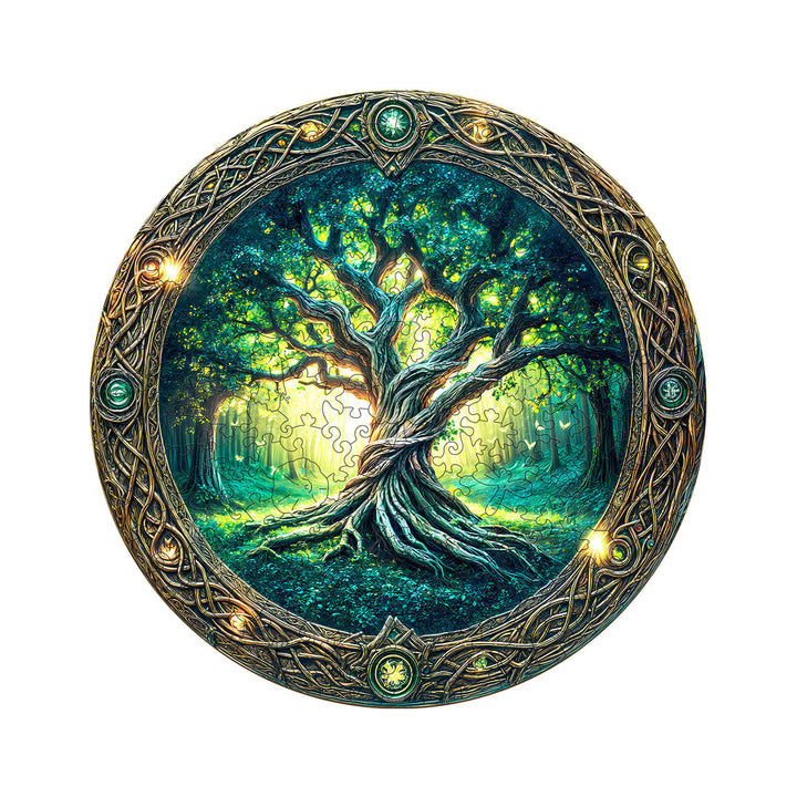 Eternal Tree Wooden Jigsaw Puzzle featuring a vibrant tree surrounded by a mystical forest and intricate frame design.