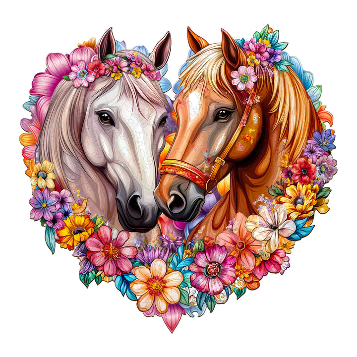 Colorful illustration of two horses in love, surrounded by vibrant flowers, perfect for a wooden jigsaw puzzle.