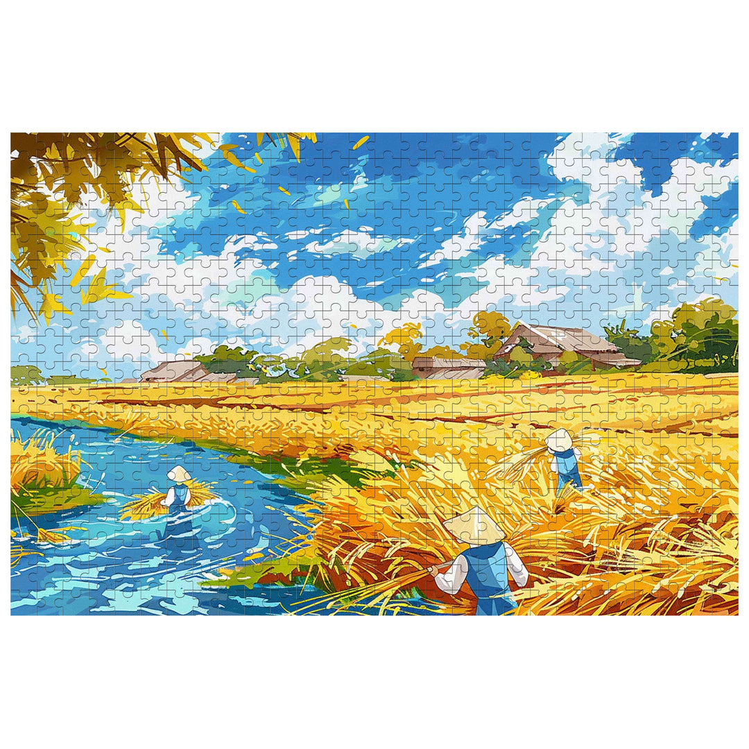 Pastoral Autumn 500/1000 Piece Puzzle showcasing vibrant harvest scene with workers and blue sky.