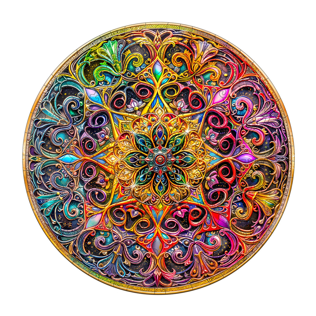 Vibrant Mandala Dreamland wooden jigsaw puzzle showcasing intricate patterns and colors for a unique puzzle experience.