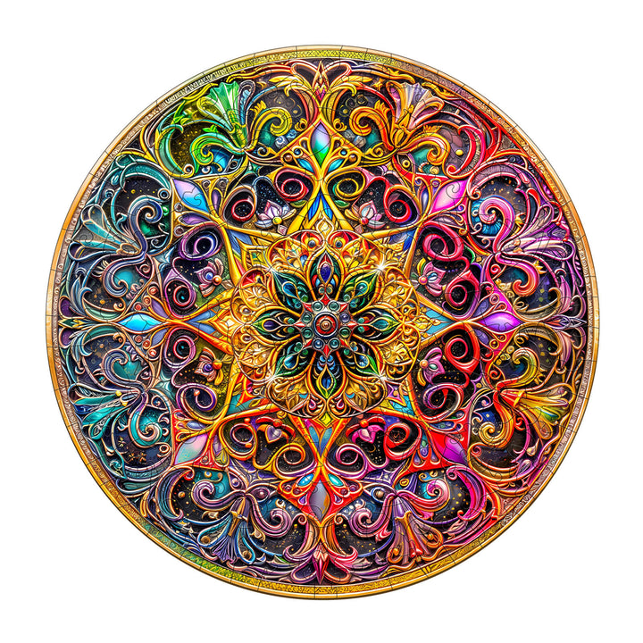 Vibrant Mandala Dreamland wooden jigsaw puzzle showcasing intricate patterns and colors for a unique puzzle experience.