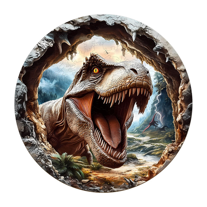 3D T-Rex wooden jigsaw puzzle in a cave, showcasing a fierce dinosaur emerging from the rocks.