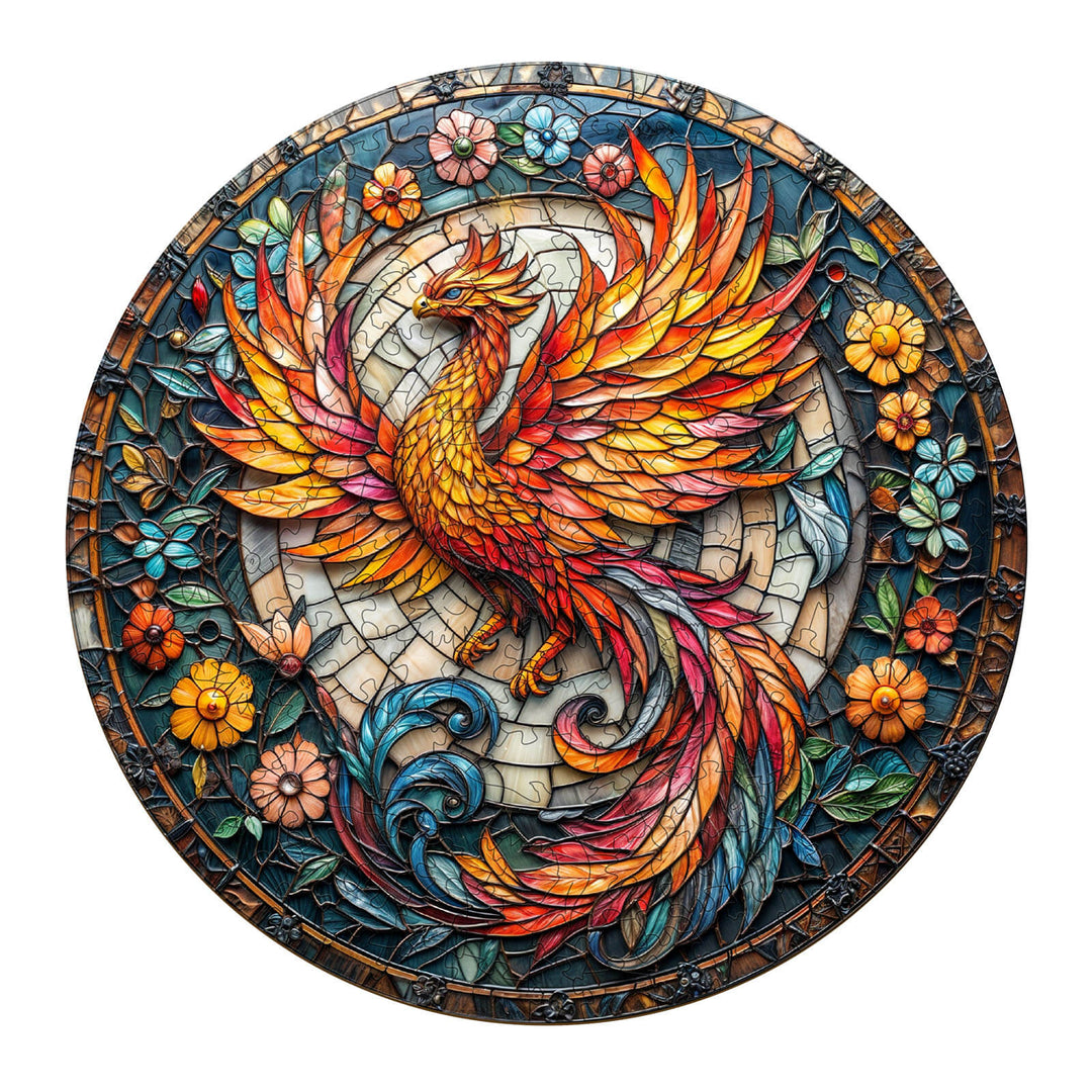Stained Glass Phoenix-1 Wooden Jigsaw Puzzle featuring vibrant colors and floral designs for a mind-enhancing experience.