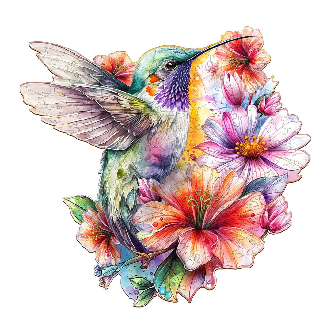 Colorful hummingbird surrounded by vibrant flowers in a wooden jigsaw puzzle design, promoting focus and mental skills.