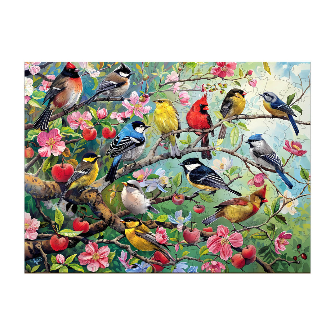 Colorful jigsaw puzzle featuring various birds perched on branches surrounded by blooming flowers and apples.